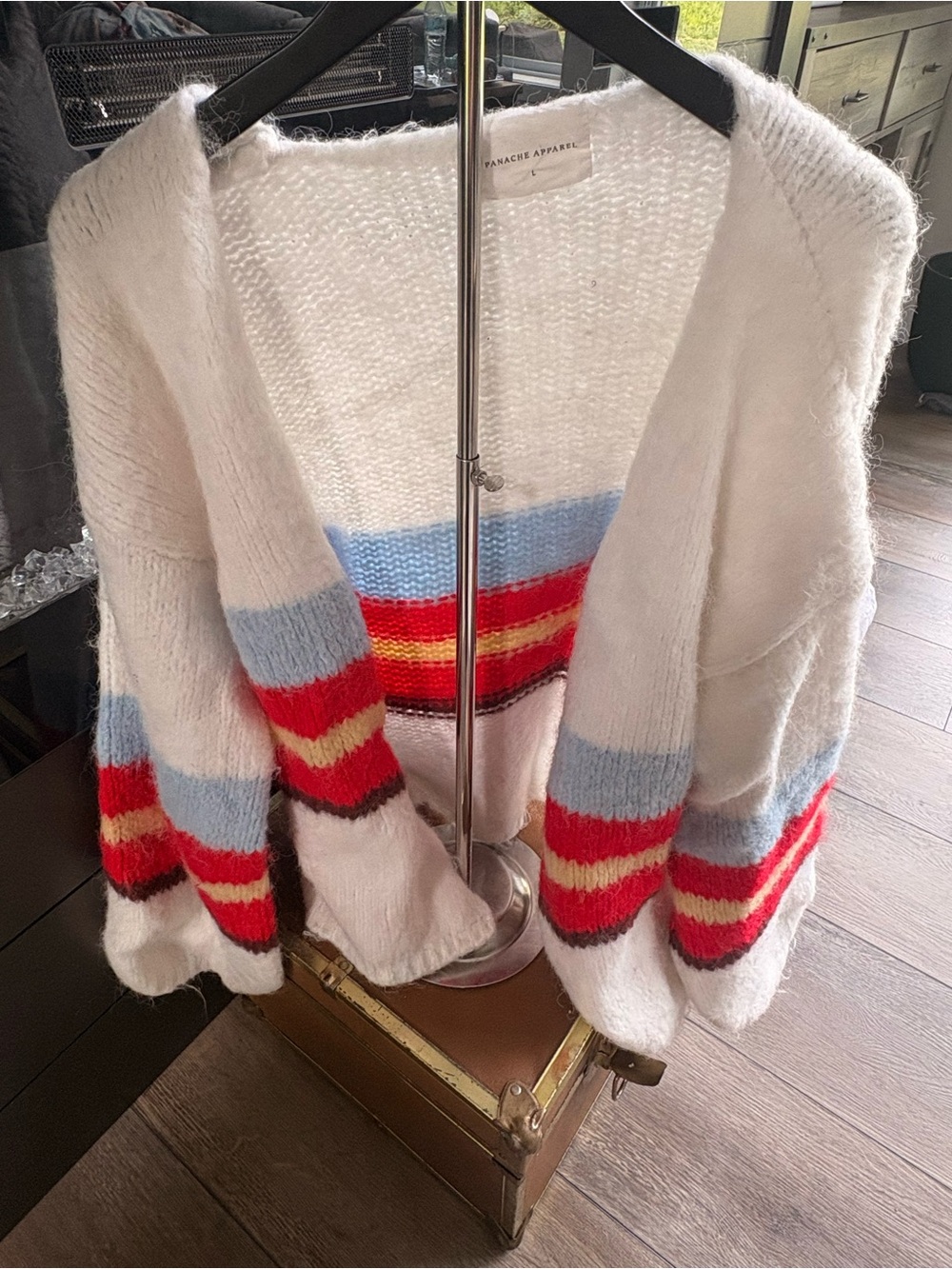 Panache Cream Open-Front Cardigan with Red, Light Blue and Yellow Stripes